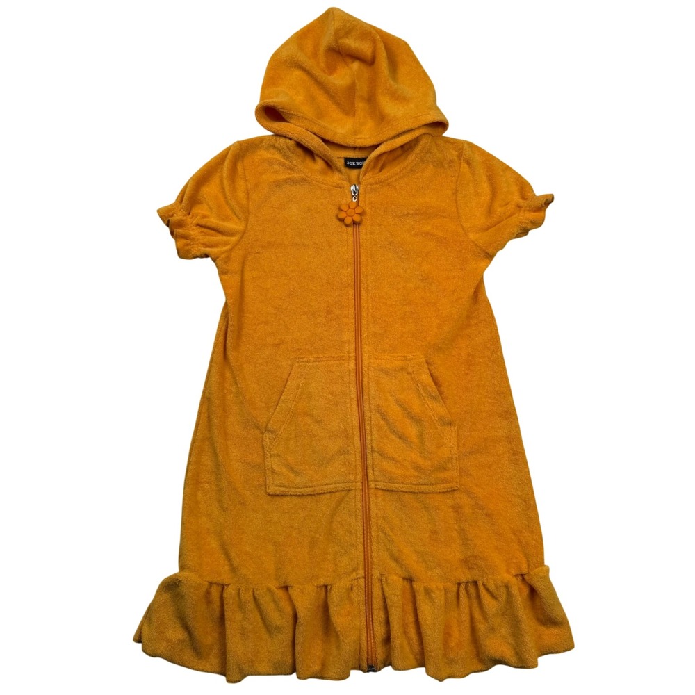 VTG Y2K Joe Boxer Girls Orange Terry Cloth Hooded Zip Up Cover Up Daisy Size 7/8